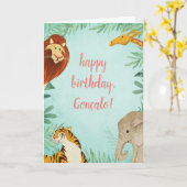 ジャングルアニマルズサファリ動物園ハッピーバースデーボーイフォト カード (黄色い花)