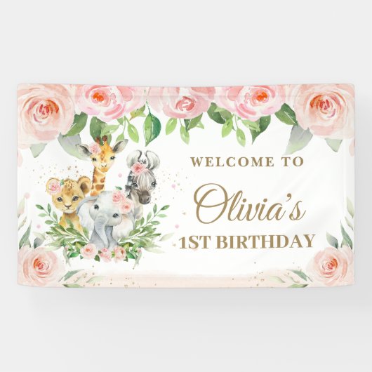 ジャングルアニマルズサファリ赤面ピンクフローラ背景 横断幕 (横)