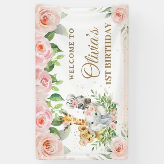 ジャングルアニマルズサファリ赤面ピンクフローラ背景 横断幕 (縦)