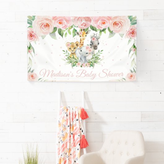 ジャングルアニマルズサファリ赤面ピンクフローラ背景B 横断幕 (インサイチュ)