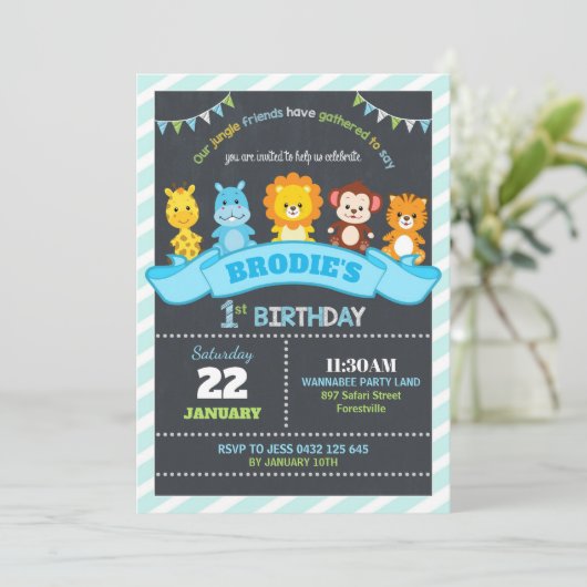 ジャングルアニマルズサファリ1st誕生日招待状少年 招待状 (スタンド正面)