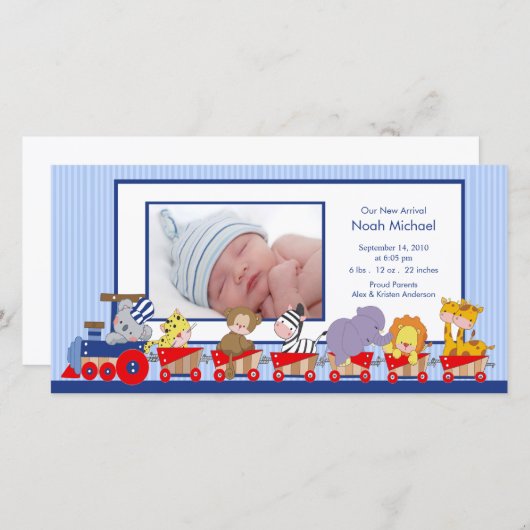 ジャングルアニマルズトレイン男の赤ちゃん誕生発表 案内状 (正面/裏面)