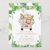 ジャングルアニマルズピンクサファリカーガール1st誕生日 招待状 (正面/裏面)