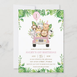 ジャングルアニマルズピンクサファリカーガール1st誕生日 招待状