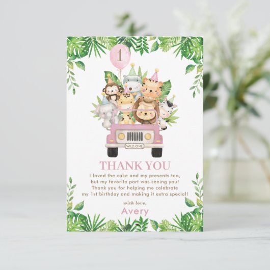 ジャングルアニマルズピンクサファリカー1st誕生日 サンキューカード (スタンド正面)