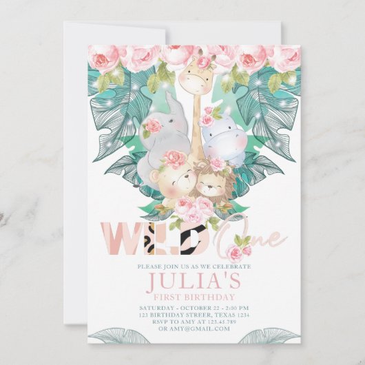 ジャングルアニマルズファースト誕生日かわいい 招待状 (正面)