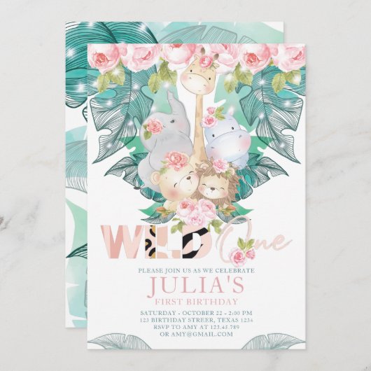 ジャングルアニマルズファースト誕生日かわいい 招待状 (正面/裏面)