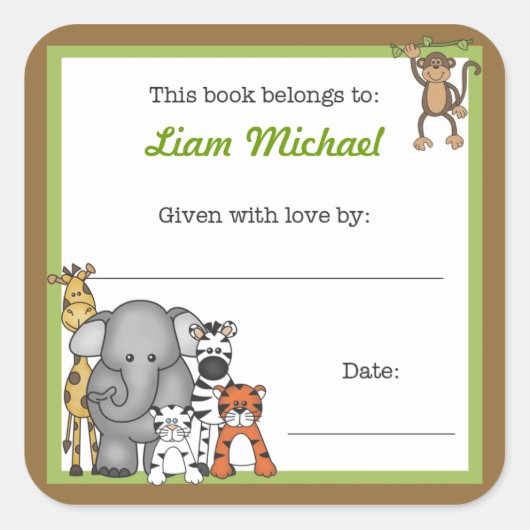 ジャングルアニマルズブックプレートグリーンボーイ蔵書票 スクエアシール (正面)