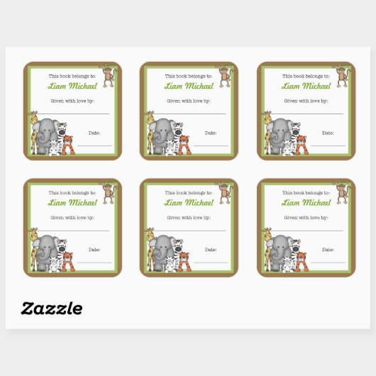 ジャングルアニマルズブックプレートグリーンボーイ蔵書票 スクエアシール (シート)