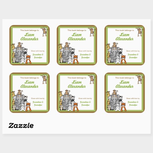 ジャングルアニマルズブックプレートグリーンボーイ蔵書票 スクエアシール (シート)