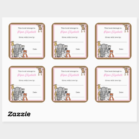 ジャングルアニマルズブックプレートピンクガール蔵書票 スクエアシール (シート)