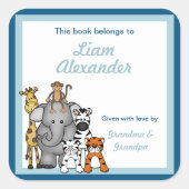 ジャングルアニマルズブックプレートブルーボーイ蔵書票 スクエアシール (正面)