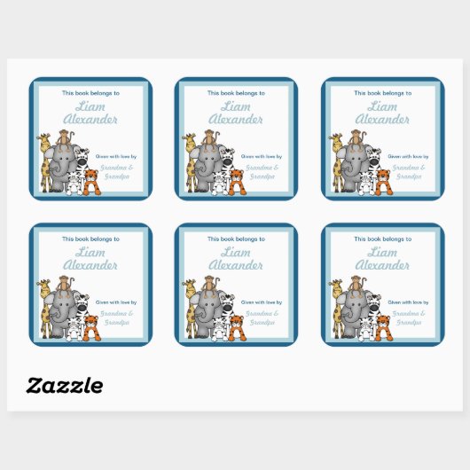 ジャングルアニマルズブックプレートブルーボーイ蔵書票 スクエアシール (シート)