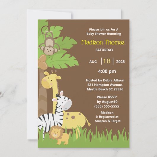 ジャングルアニマルズブラウンサファリボーイ赤ちゃんシャワー 招待状 (正面)