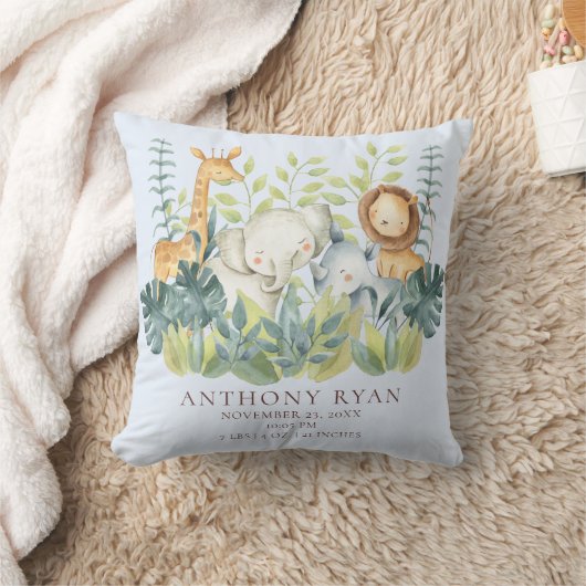 ジャングルアニマルズボーイズベビー誕生統計ピロー クッション (ブランケット)