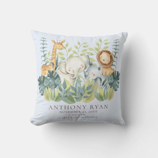 ジャングルアニマルズボーイズベビー誕生統計ピロー クッション (正面)