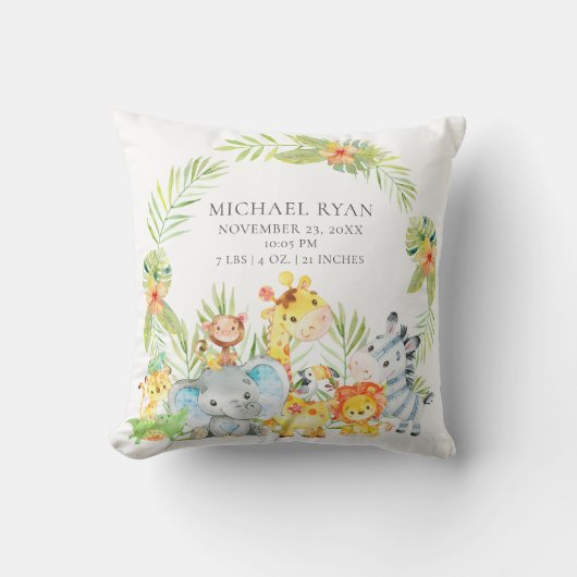 ジャングルアニマルズボーイズベビー誕生統計枕 クッション (正面)