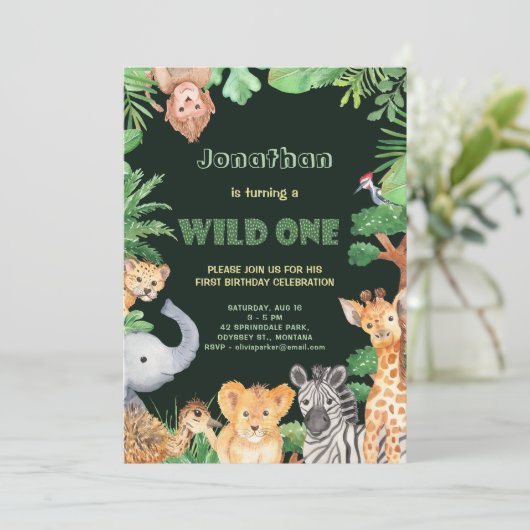 ジャングルアニマルズワイルドワンファースト誕生日招待状 招待状 (スタンド正面)