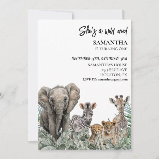 ジャングルアニマルズワイルドワン誕生日サファリパーティー 招待状 (正面)