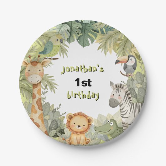 ジャングルアニマルズ1st誕生日パーティー紙プレート ペーパープレート (正面)