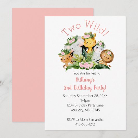 ジャングルアニマルズ ツー ワイルド 2歳の誕生日パーティー 招待状 (正面/裏面)