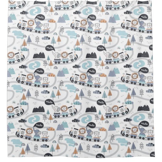 ジャングルアニマルトレインベビー幼児ボーイキッズバスルーム シャワーカーテン (正面)