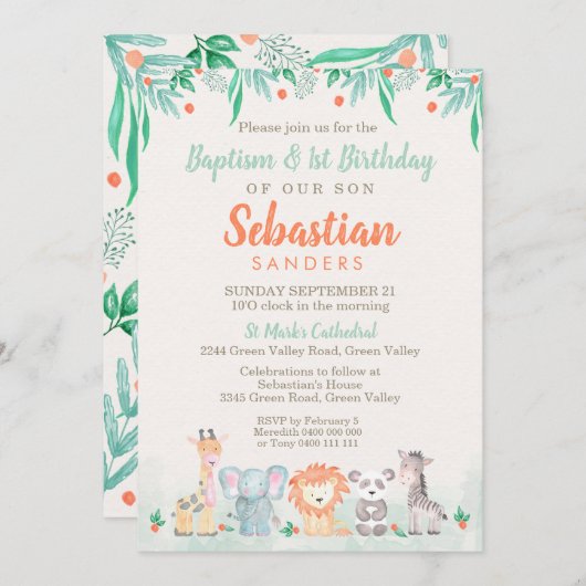 ジャングルアニマルバプテスマ1歳招待状 招待状 (正面/裏面)
