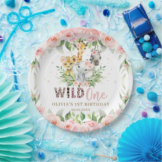 ジャングルアニマルピンクフローラワイルドワン誕生日 ペーパープレート (パーティー)