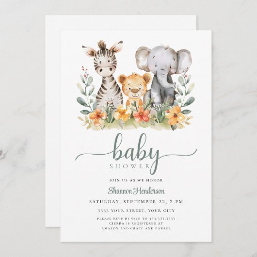 ジャングルアニマルベビーシャワー招待状 招待状 (正面/裏面)
