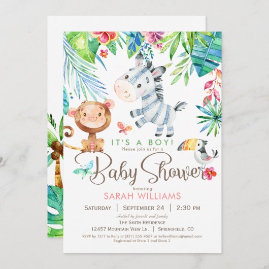 ジャングルアニマルベビーシャワー招待状、男の子または女の子 招待状 (正面/裏面)