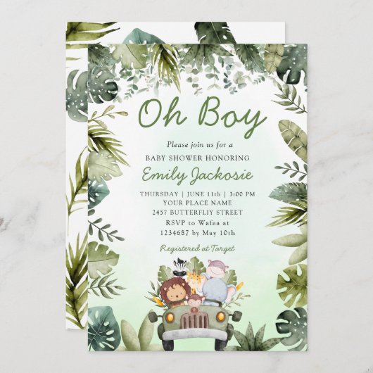 ジャングルアニマルベビーシャワー緑のサファリボーイ 招待状 (正面/裏面)