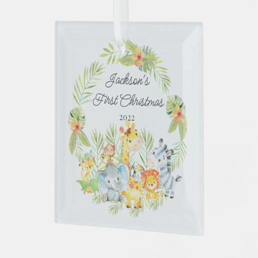ジャングルアニマルベビー初めてのクリスマス ガラスオーナメント (正面左)