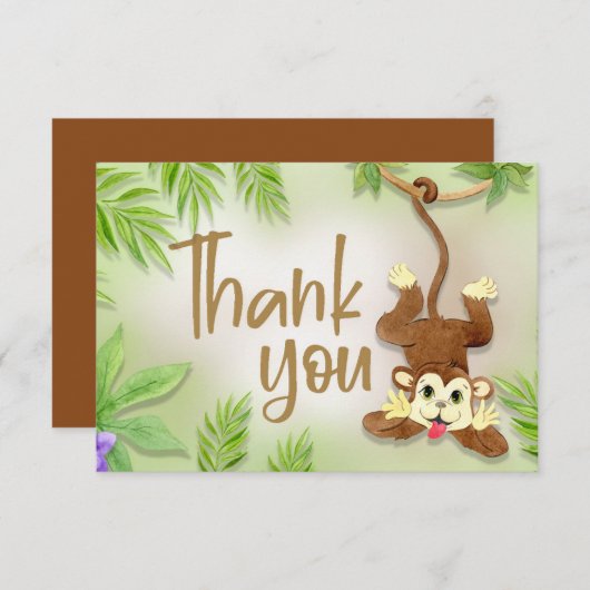 ジャングルアニマルモンキー男の赤ちゃんシャワーサンキュー サンキューカード (正面/裏面)