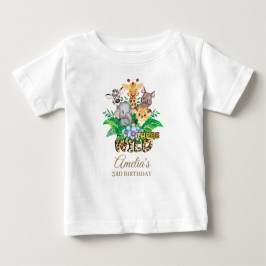 ジャングルアニマルワイルドスリーガール3rd誕生日の衣装 ベビーTシャツ (正面)