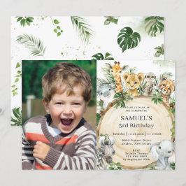 ジャングルアニマル素朴ズウッドスライス誕生日写真 招待状