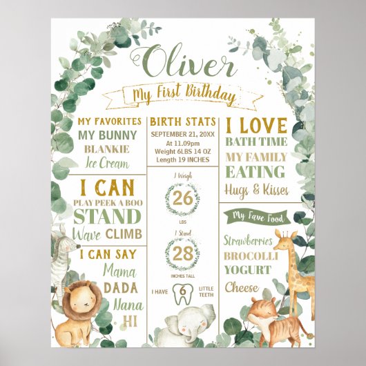 ジャングルアニマル誕生日マイルストーン誕生統計 ポスター (正面)