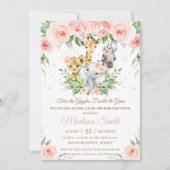 ジャングルアニマル赤面ピンクフローラツインズベビーシャワー 招待状 (正面)