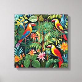 ジャングルアートの鳥を描く漫画 キャンバスプリント