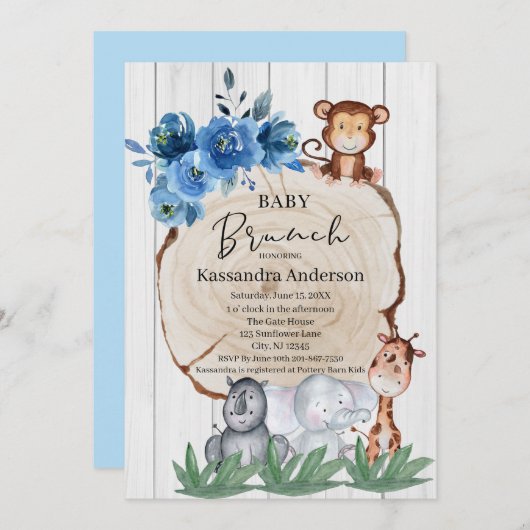ジャングルア素朴ムズ赤面フローラベビーブランチ 招待状 (正面/裏面)