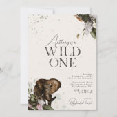 ジャングルウォーターカラーエレファントワイルドワン誕生日 招待状 (正面)