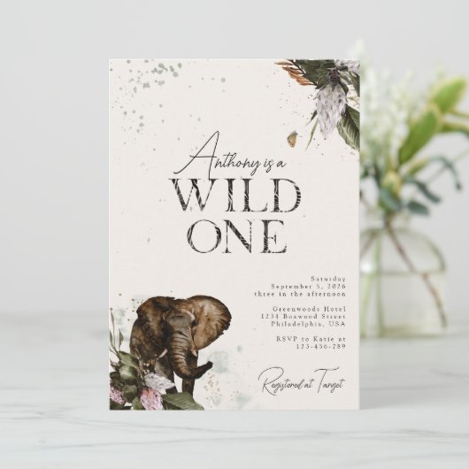 ジャングルウォーターカラーエレファントワイルドワン誕生日 招待状 (スタンド正面)