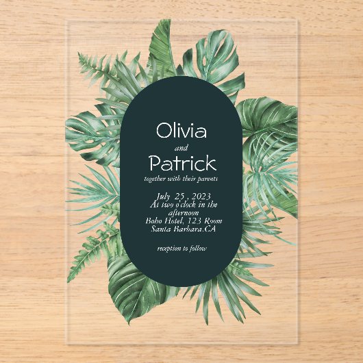 ジャングルウォーター色のトロピカルグリーン葉の招待 アクリル招待状 (正面)