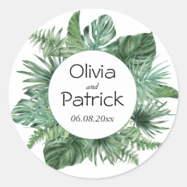ジャングルウォーター色のトロピカルグリーン葉 ラウンドシール