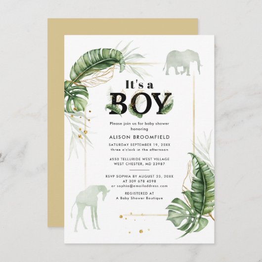 ジャングルエレファントキリン植物学の少年の赤ちゃんシャワー 招待状 (正面/裏面)