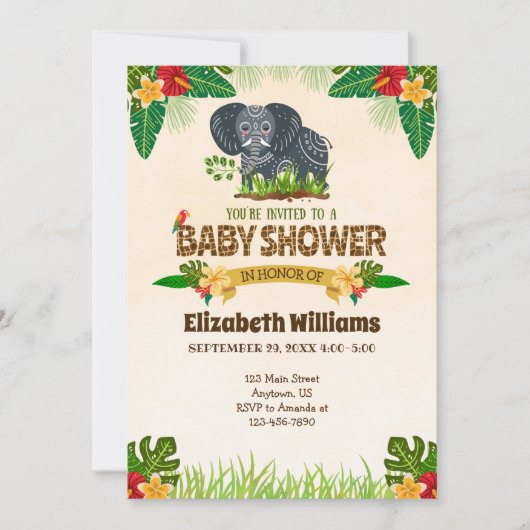 ジャングルエレファントベビーシャワー招待状 招待状 (正面)