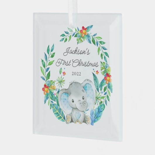 ジャングルエレファントベビー初めてのクリスマス ガラスオーナメント (正面左)