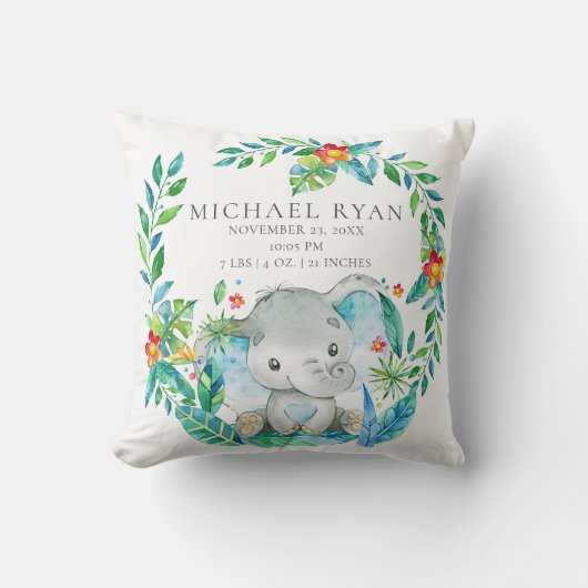 ジャングルエレファントベビー誕生統計ピロー クッション (正面)