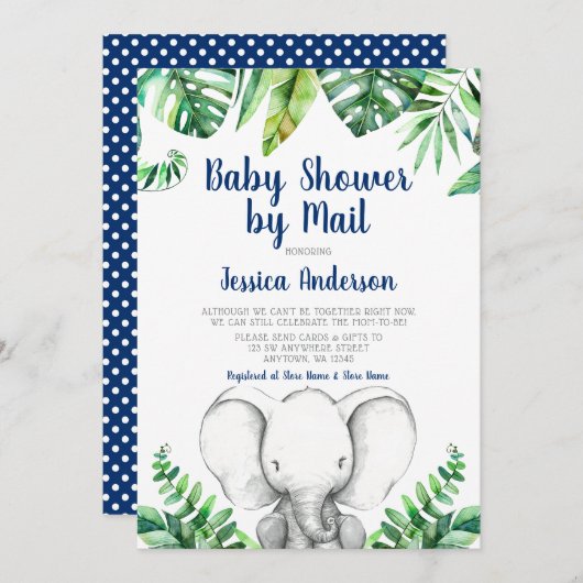 ジャングルエレファント海軍のボーイ·ベイビー·シャワー·バイ·メール 招待状 (正面/裏面)