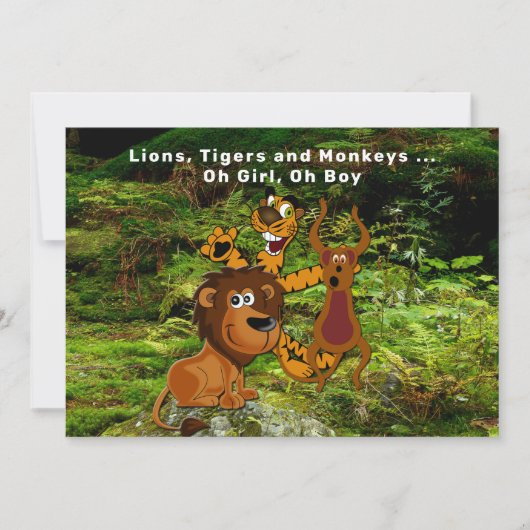 ジャングルカップル赤ちゃんシャワー、ライオンタイガーモンキーベア 招待状 (正面)