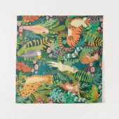 ジャングルカラフルと可愛いチーターlグリーンリー タペストリー (正面(横))